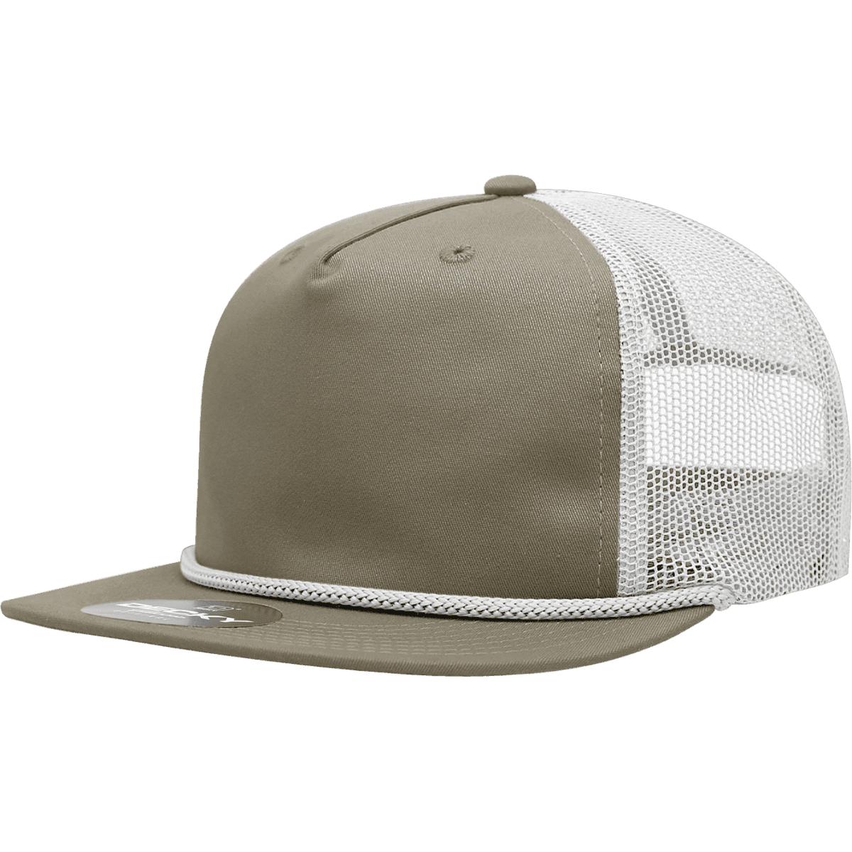 A high-profile, relaxed trucker cap in olive green with a white mesh back and a logo on the side.