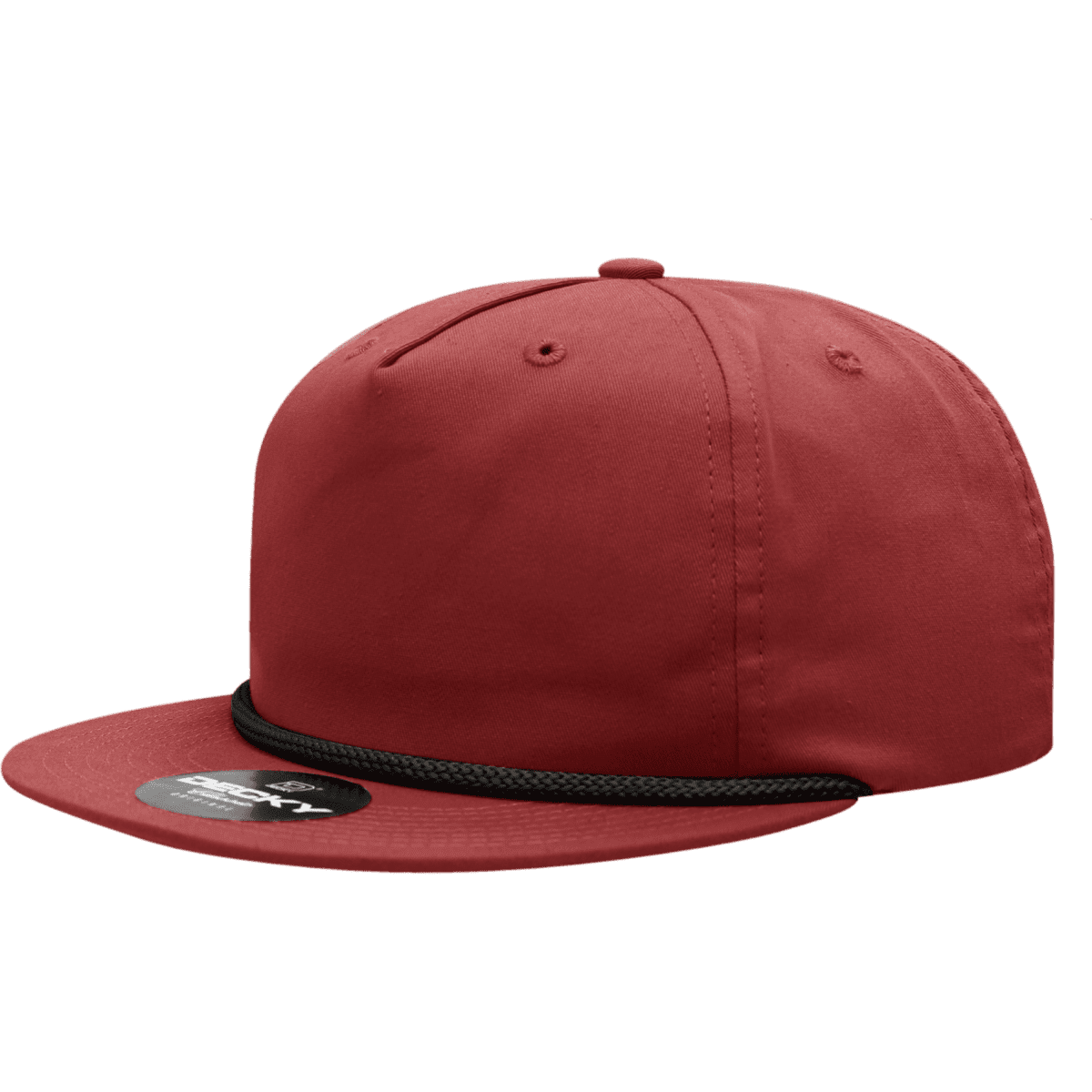 A maroon 5 Panel High Profile Relaxed Rope Hat featuring a flat brim and a black rope detail. It includes a logo.