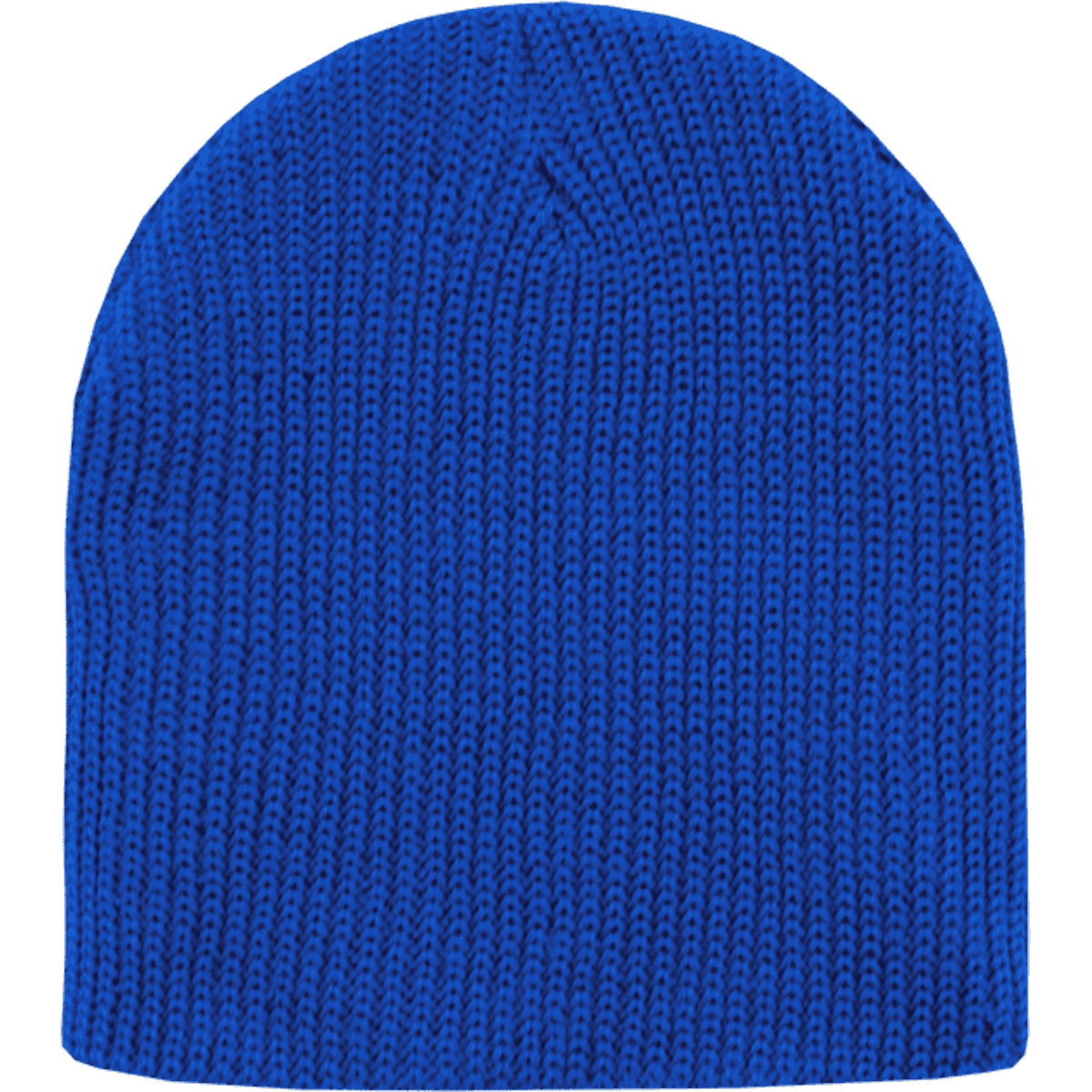 A blue cuffless watch cap with a stretchy knit design, featuring a simple, unadorned look.