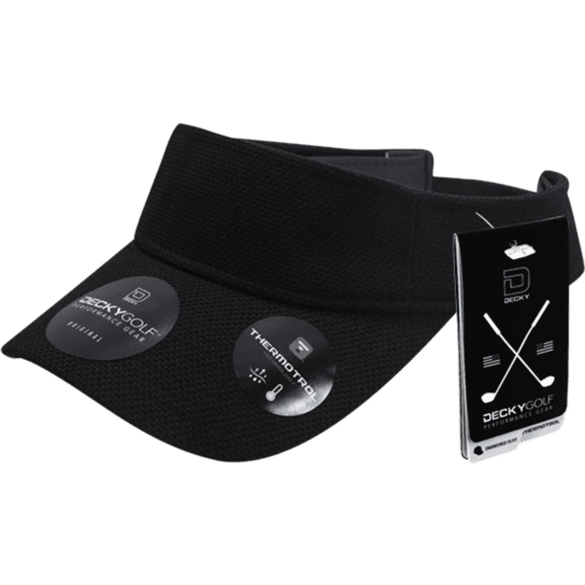 A black sun visor with a textured pique pattern and tags, featuring a logo and branding.