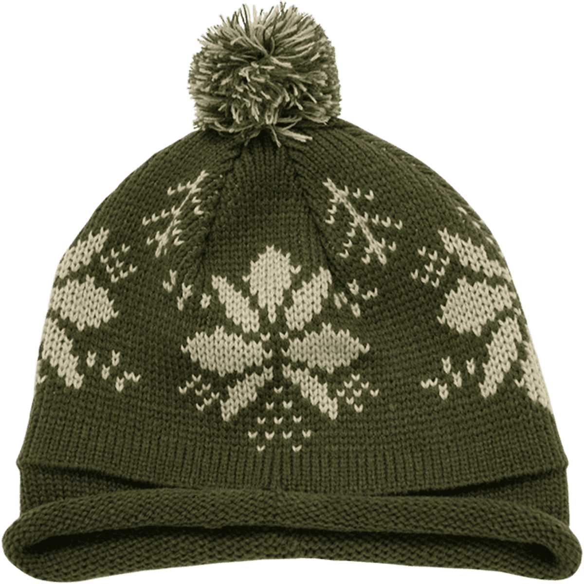 A green beanie with a snowflake pattern and a pom-pom on top, featuring a fold-up brim.