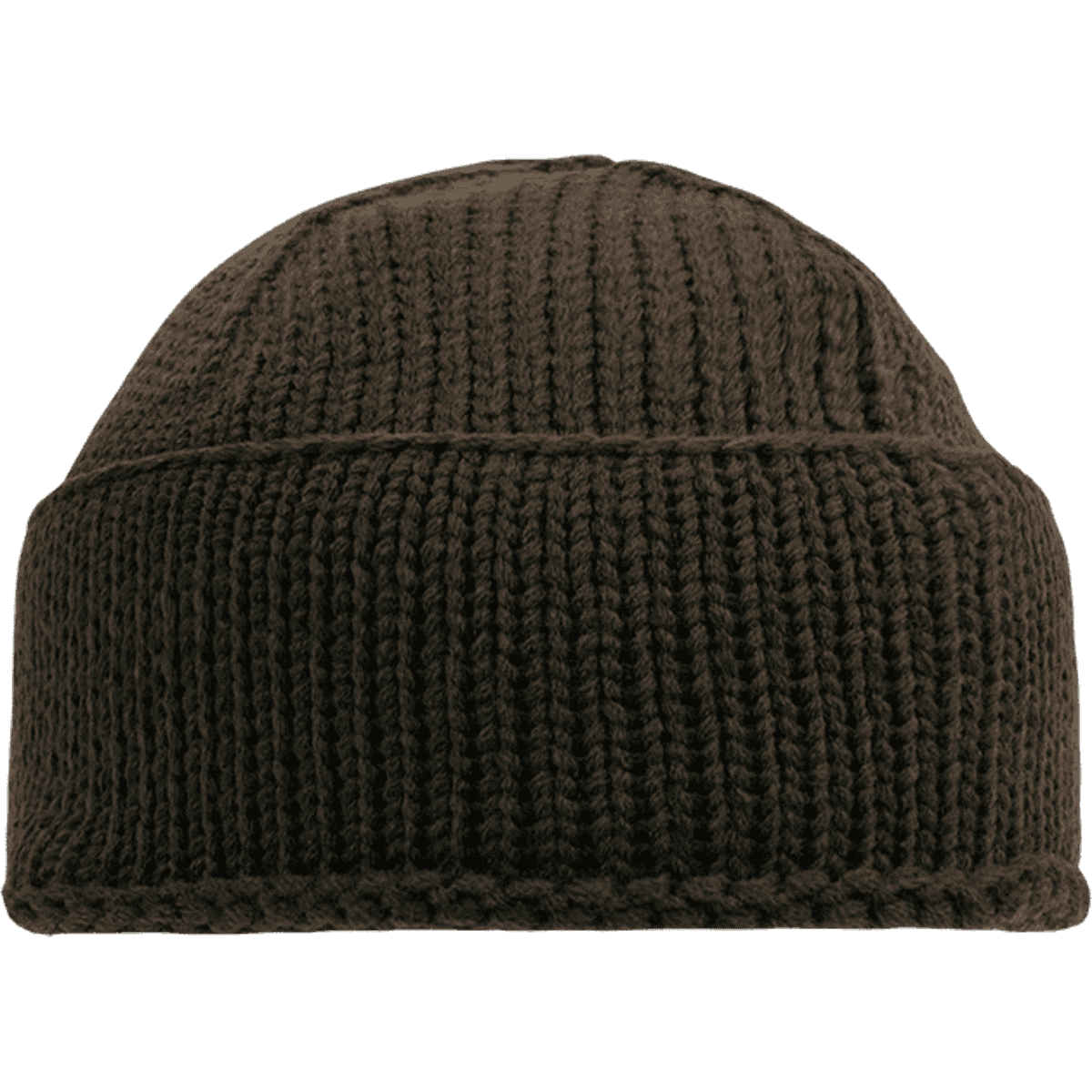 A dark brown knitted beanie with ribbed texture, featuring a logo on the side.