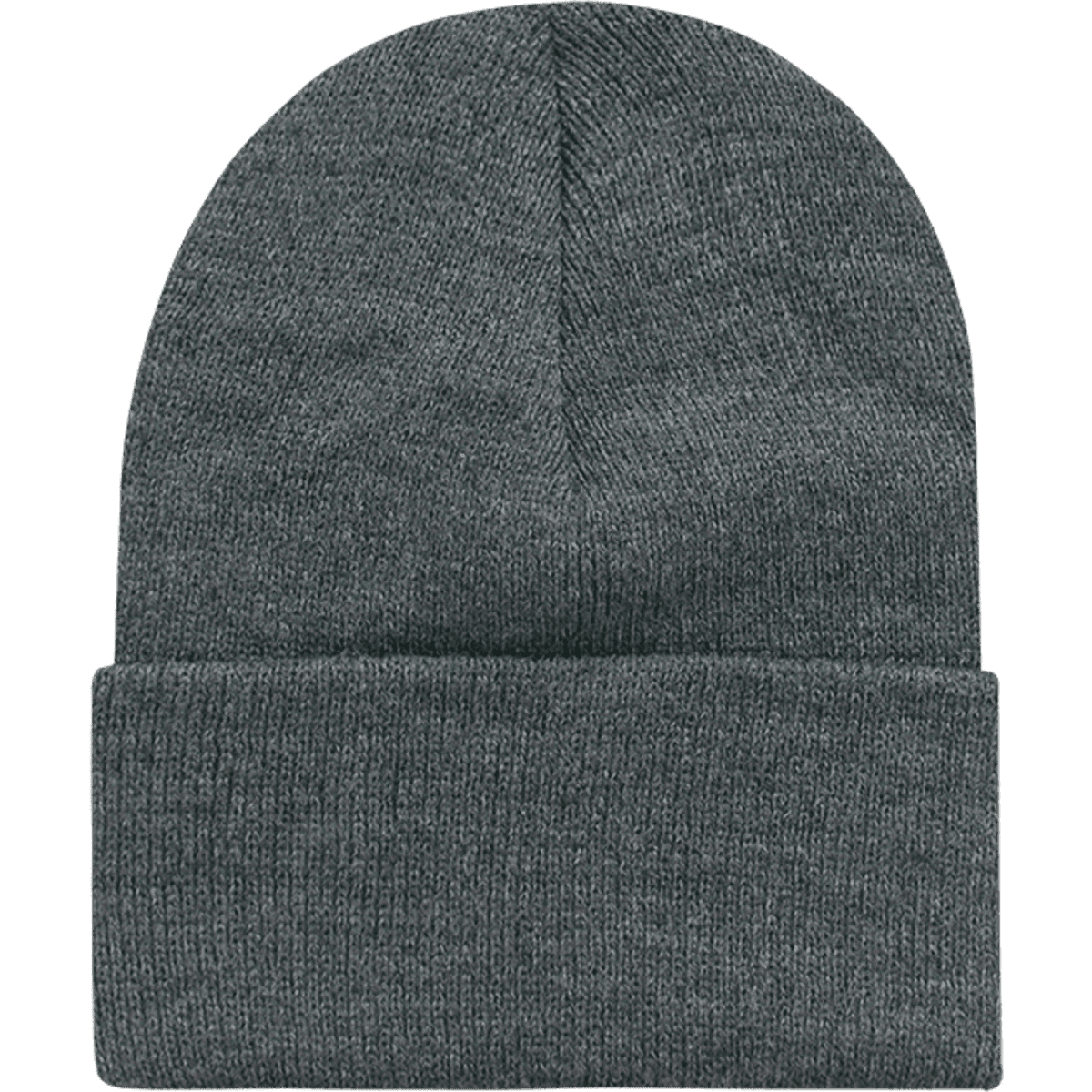 A long beanie in a dark grey hue, featuring a folded cuff at the bottom. It has a plain design and a logo.