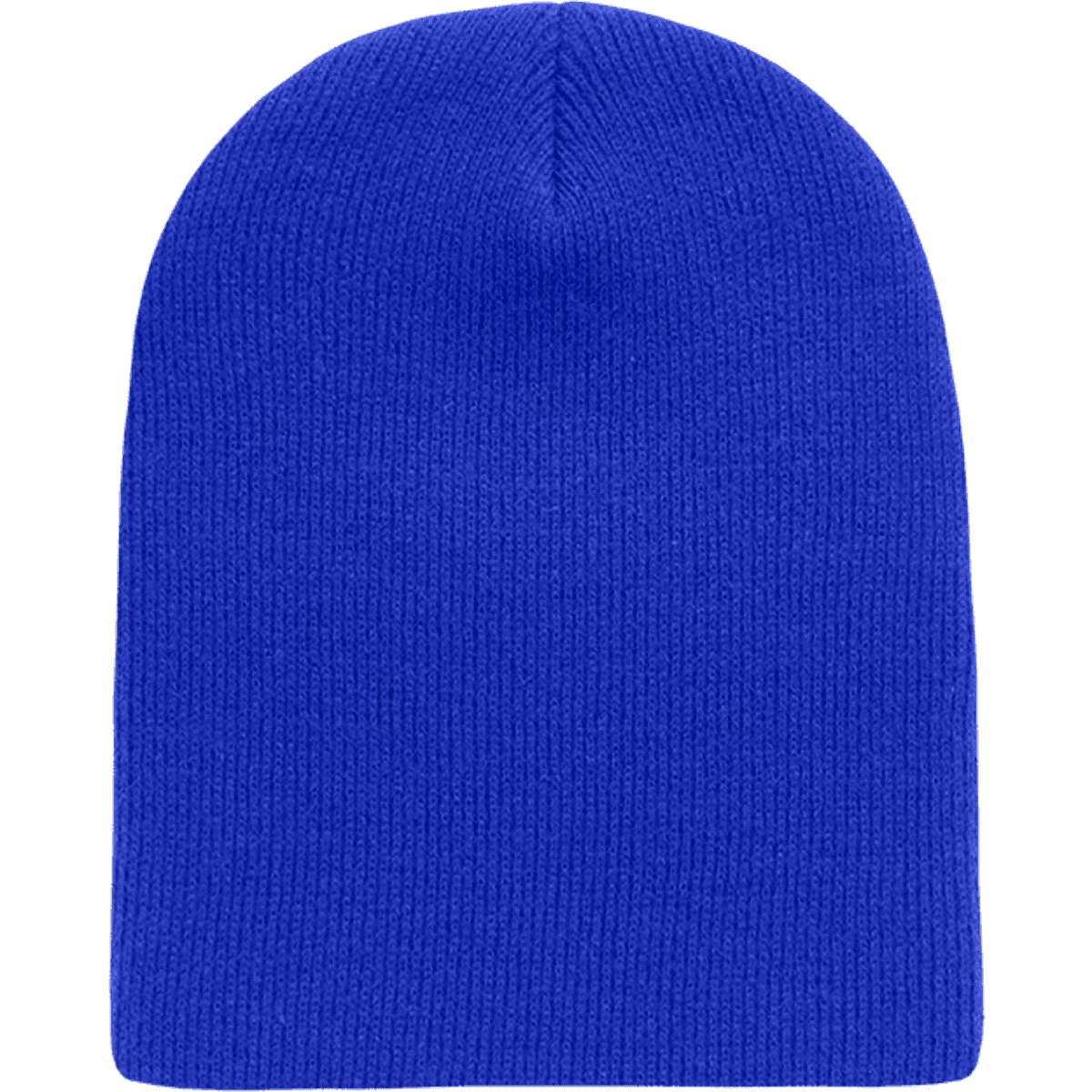 A blue beanie featuring a ribbed texture, designed as a snug fitting hat. It has a branding logo.
