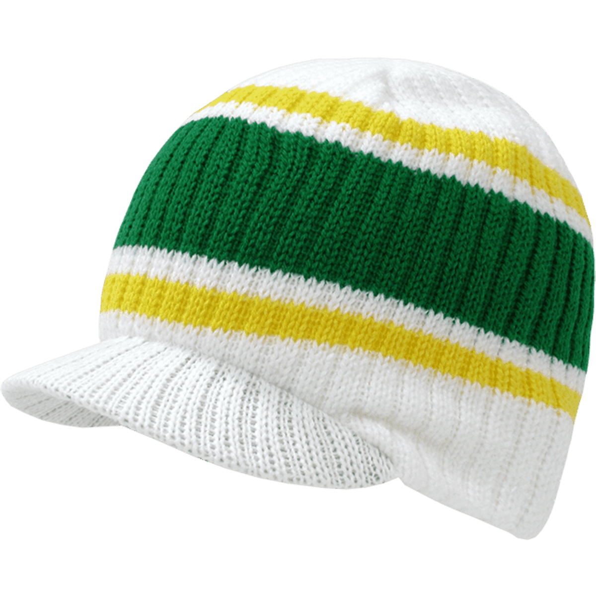 A striped cap featuring green, white, and yellow bands, with a rounded top and a brim. It has a logo.