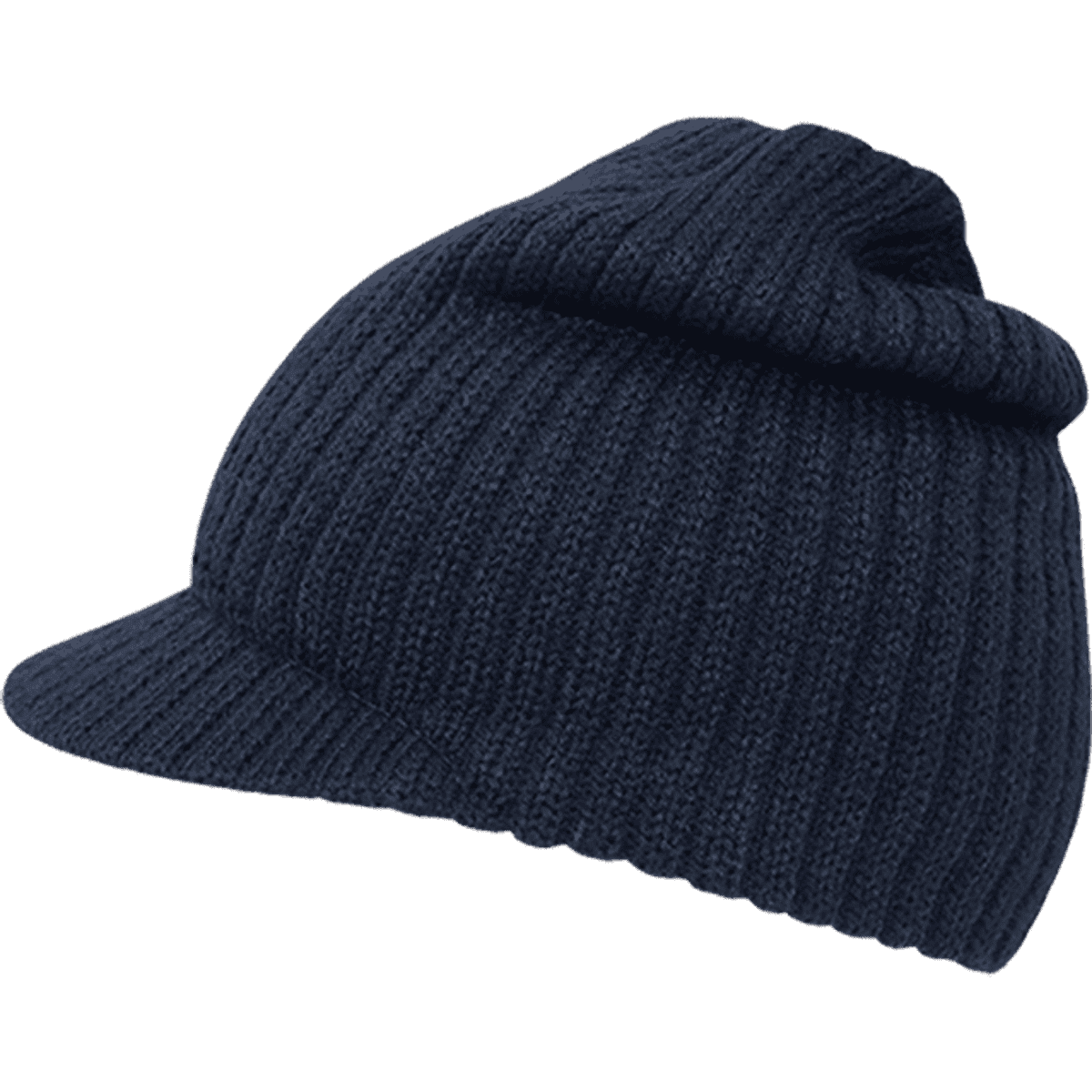 A navy beanie hat featuring a ribbed texture and a front brim. The design includes a fold-over cuff.