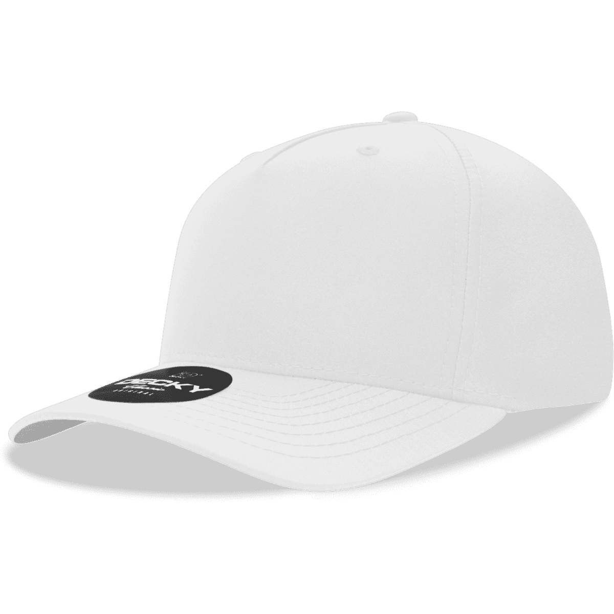 A white 5-panel mid-profile structured cap with a curved brim and a logo on the front.