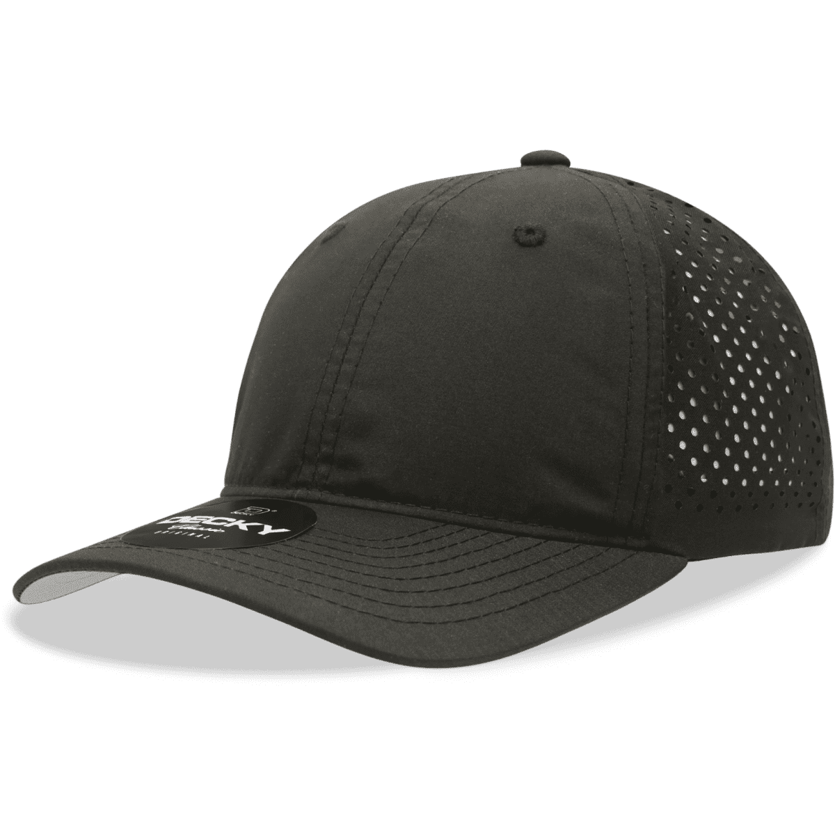 A black 6-panel low-profile relaxed dad hat with perforated sides and a curved brim. It features a logo on the front.