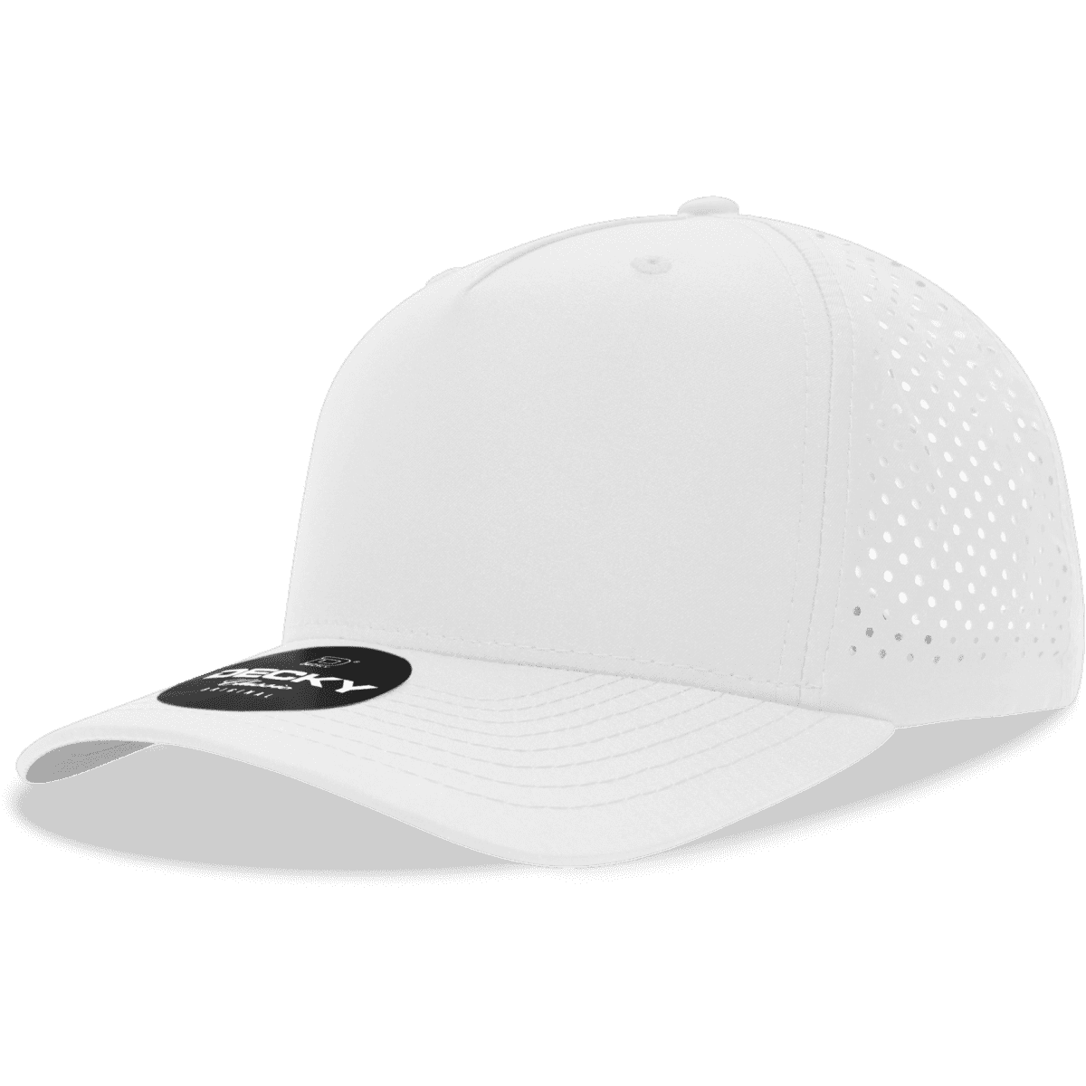 A white 5 panel mid-profile cap with perforated side panels and a curved brim. It features a logo on the front.