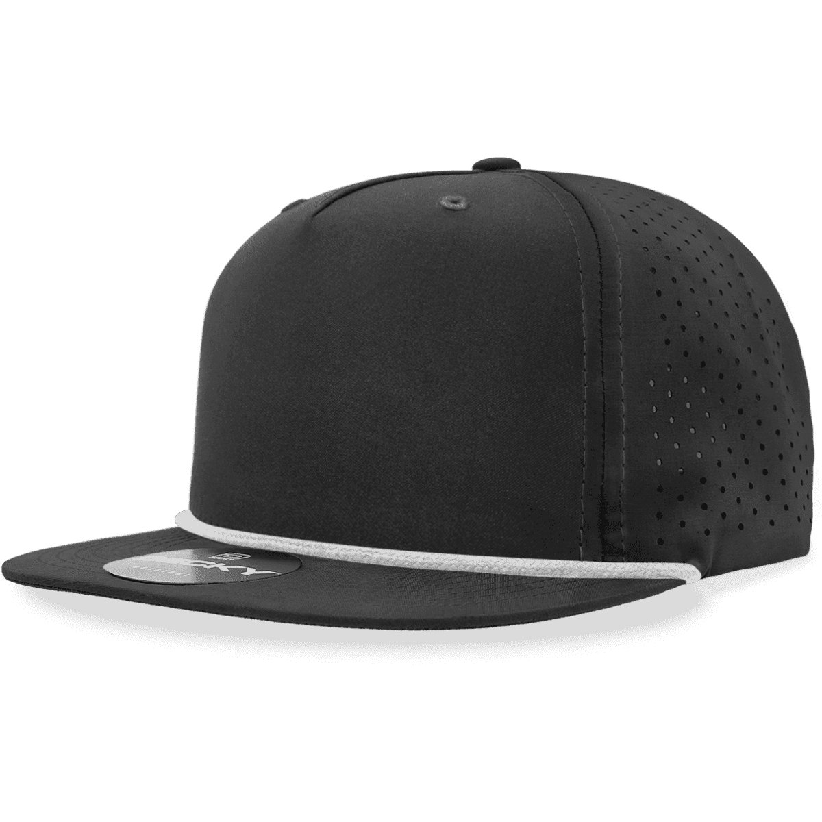A black high-profile relaxed perforated rope hat featuring a grey rope detail along the brim and a logo.