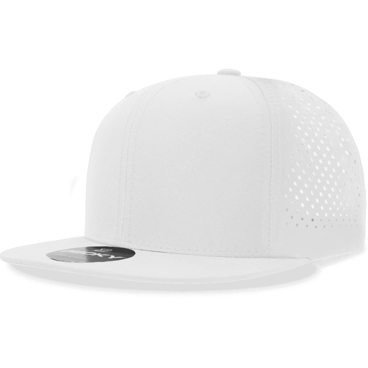 A white 6 panel high profile snapback cap with perforated detailing and a flat brim, featuring a logo.