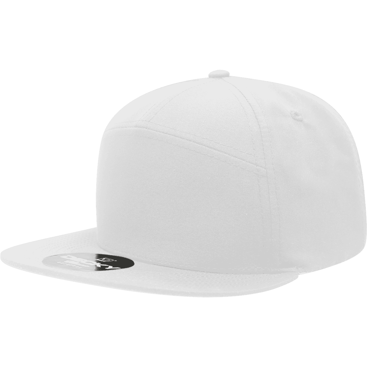 A white 7 panel high profile structured cap with a flat brim, featuring a logo on the underside.