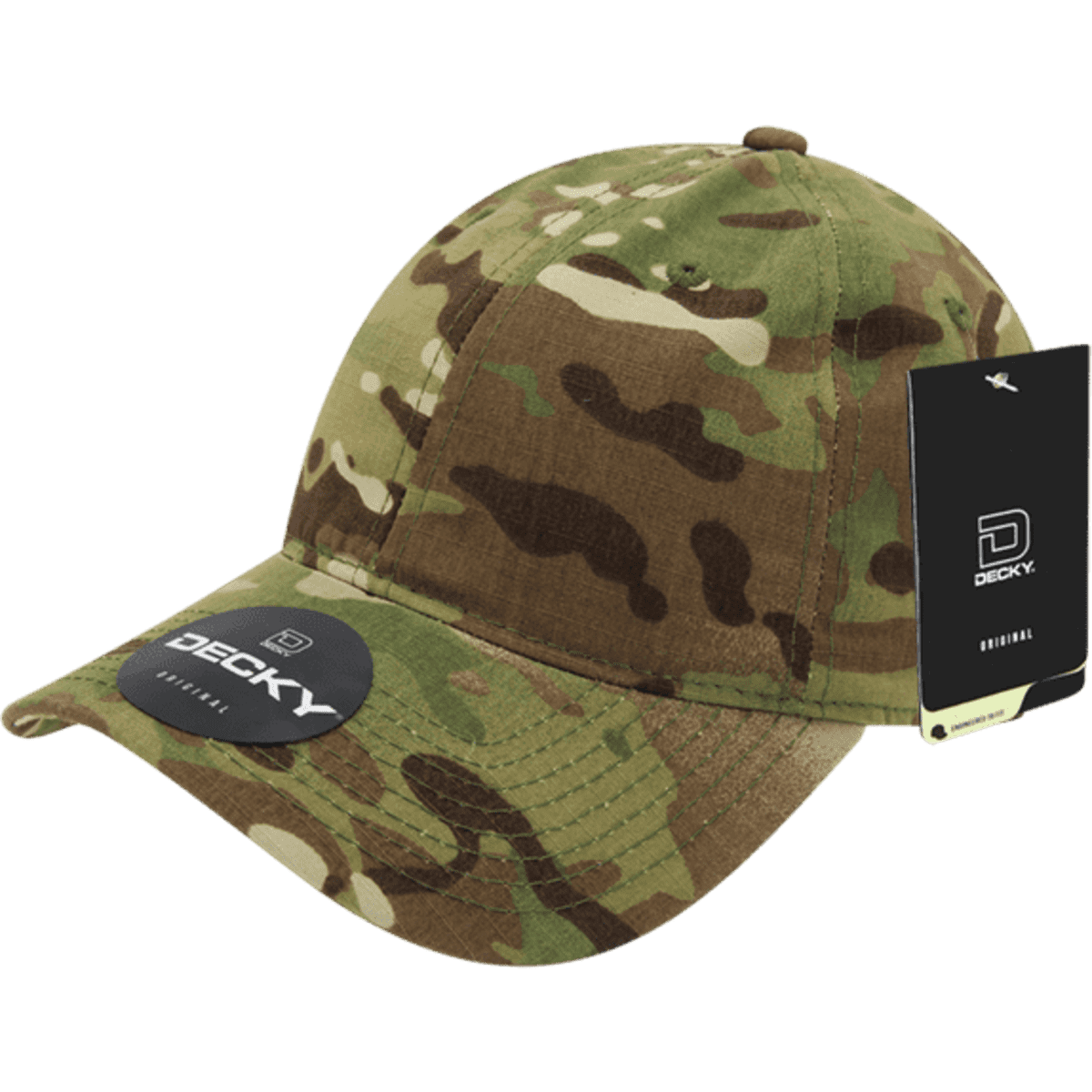 A cap featuring a relaxed fit in a MULTICAM camouflage pattern, with a logo and tag attached.