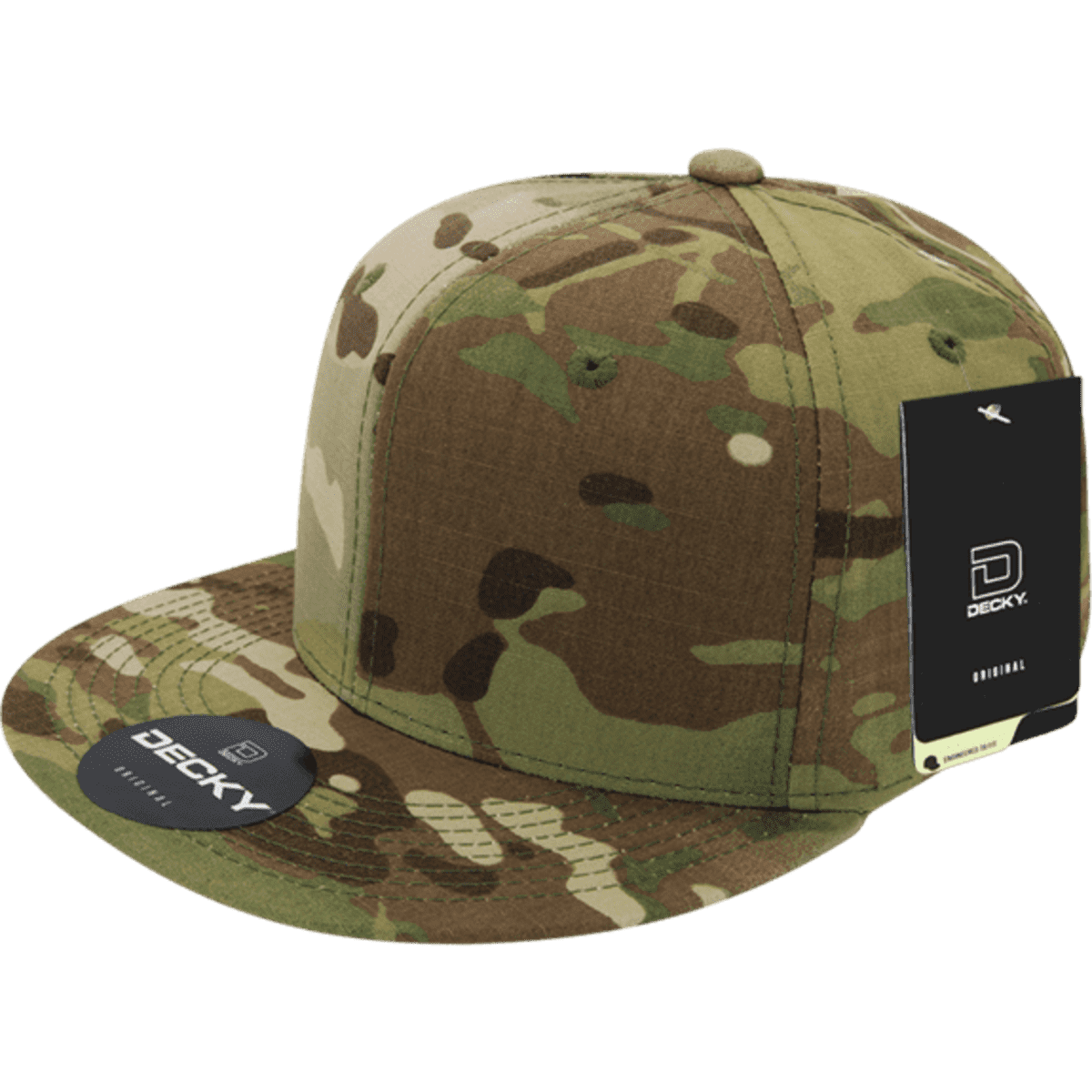 A MULTICAM snapback cap in shades of green and brown, featuring a flat brim and a logo on the front.