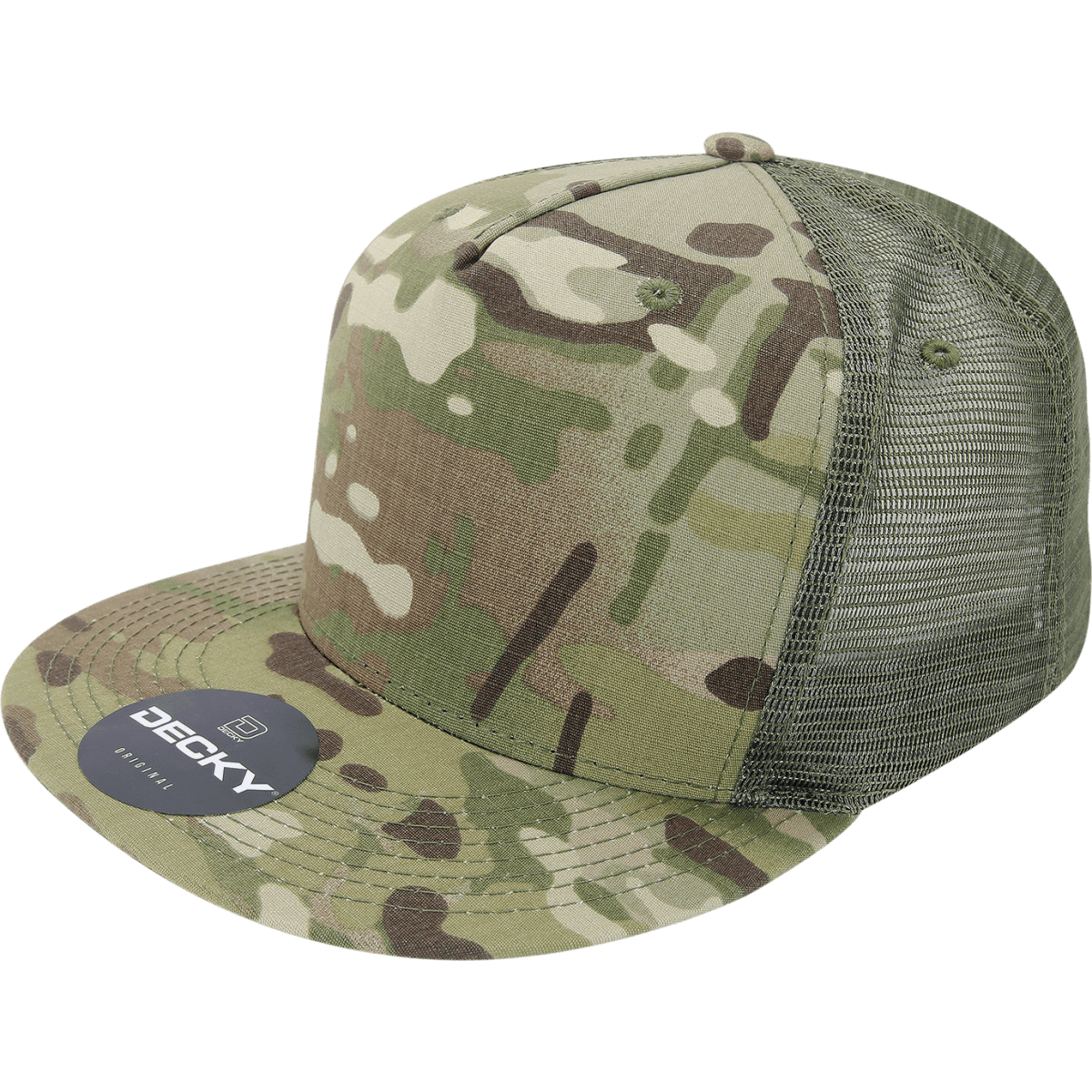 A camouflage 5-panel trucker cap featuring a mesh back and a logo on the front.