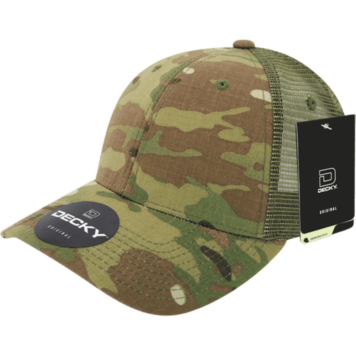 A structured trucker cap in MULTICAM camo pattern, featuring a mesh back and a logo badge.