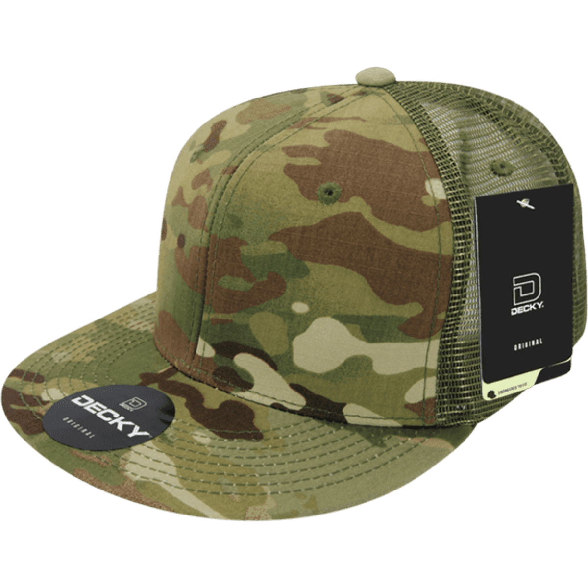 A camouflaged trucker cap featuring a green and brown pattern with a mesh back and a branded tag.