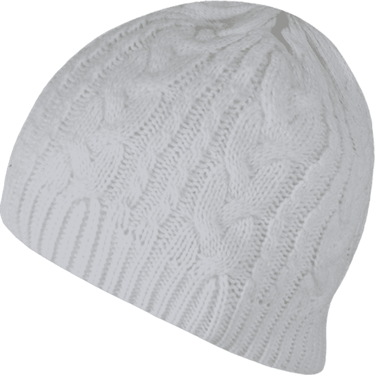 A white knit beanie with a textured cable design and a snug fit. It features a small logo on the side.