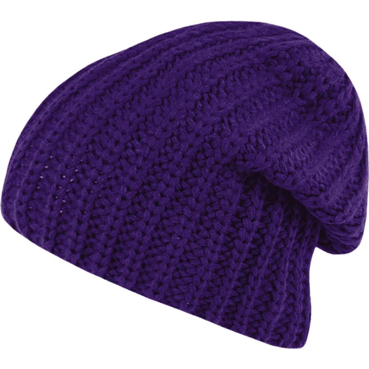 A knitted beanie in deep purple with a slouchy design. It features a textured pattern and has a logo.
