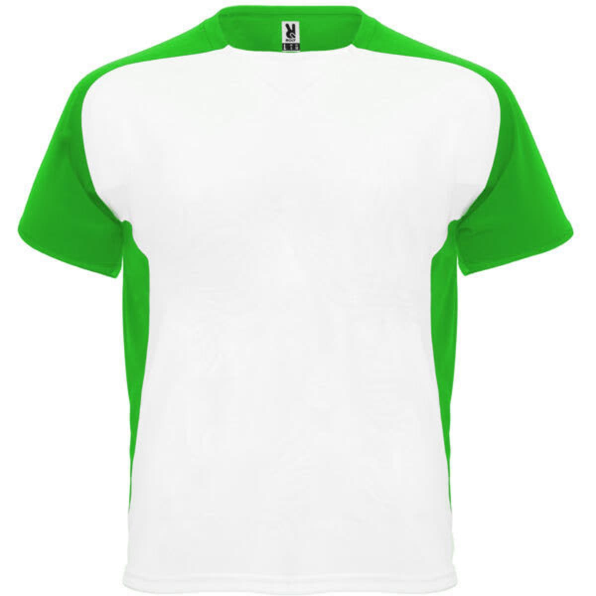 A green and white T-shirt featuring short sleeves and a rounded neckline, with a logo on the label.