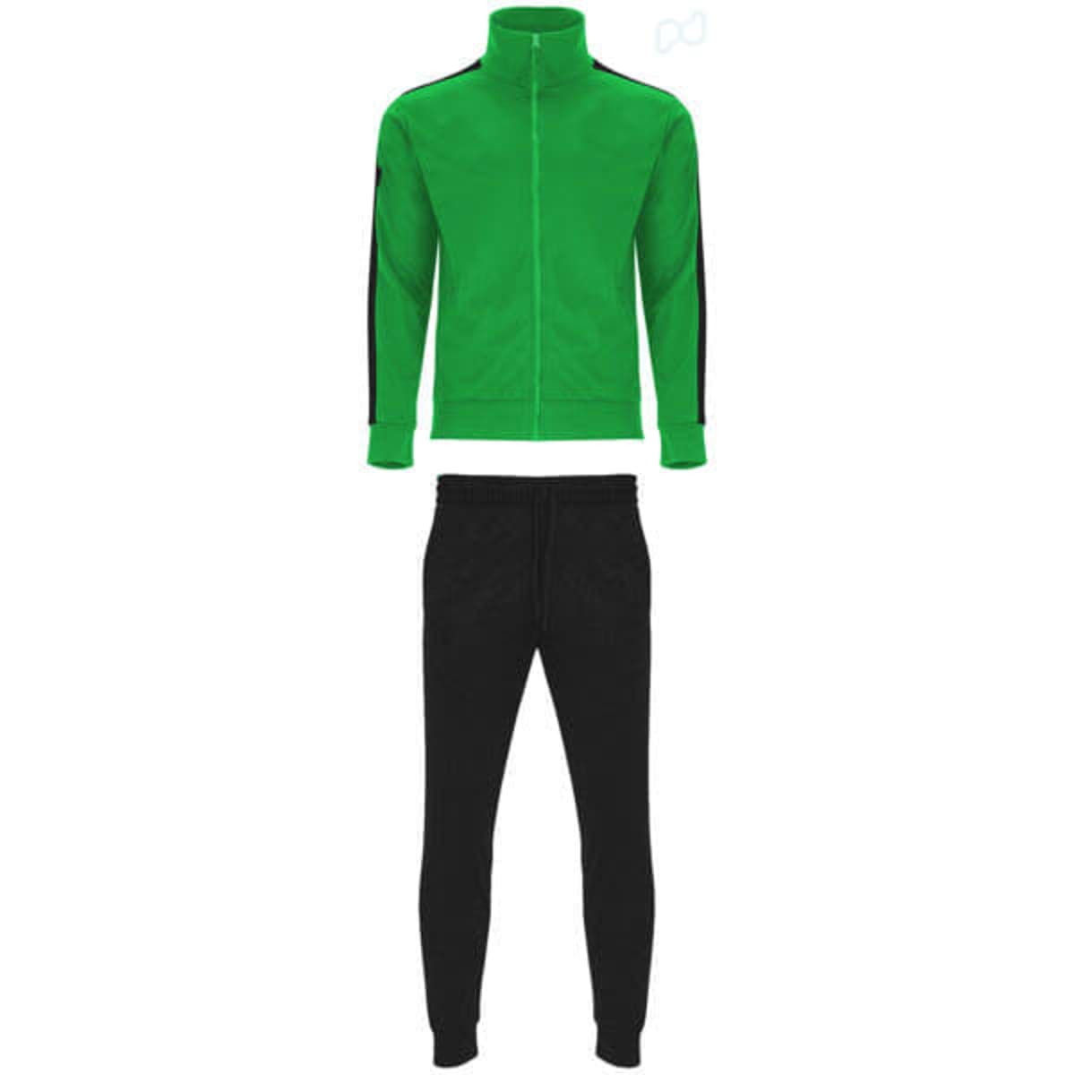 A green tracksuit jacket with black stripes along the sleeves, paired with black tracksuit trousers.