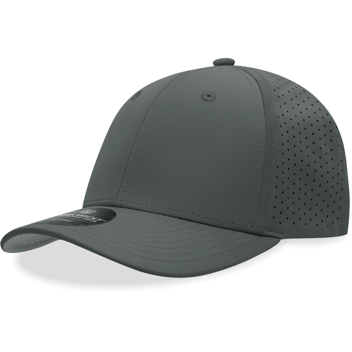 A grey 6-panel mid-profile perforated cap with a curved brim and a logo.