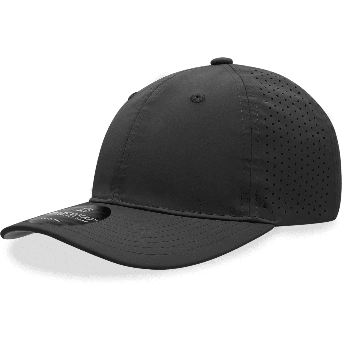 A black 6 panel relaxed perforated cap featuring a solid peak and ventilation holes on the sides.