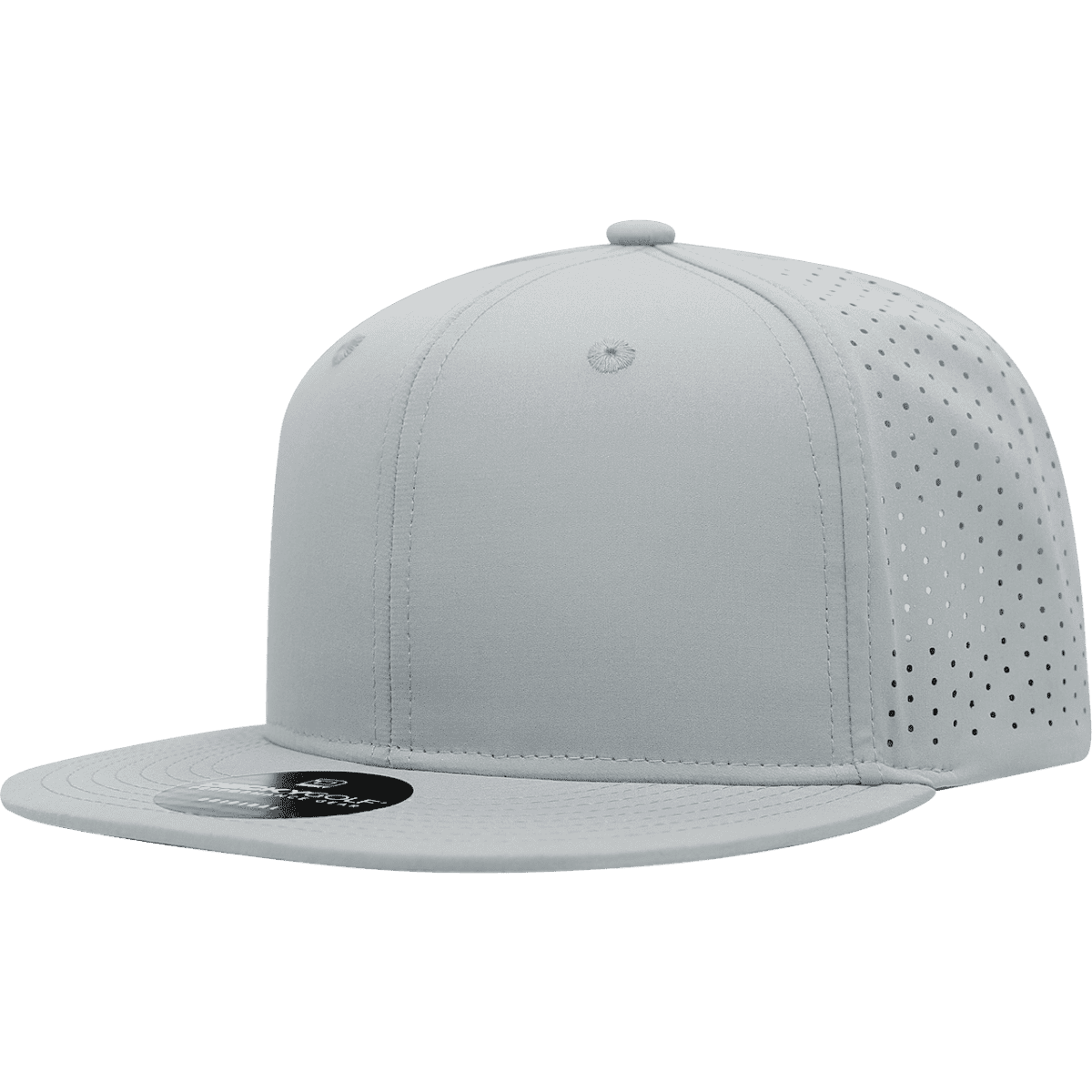 A grey high-profile cap with perforated panels and a flat brim, featuring a logo on the front.