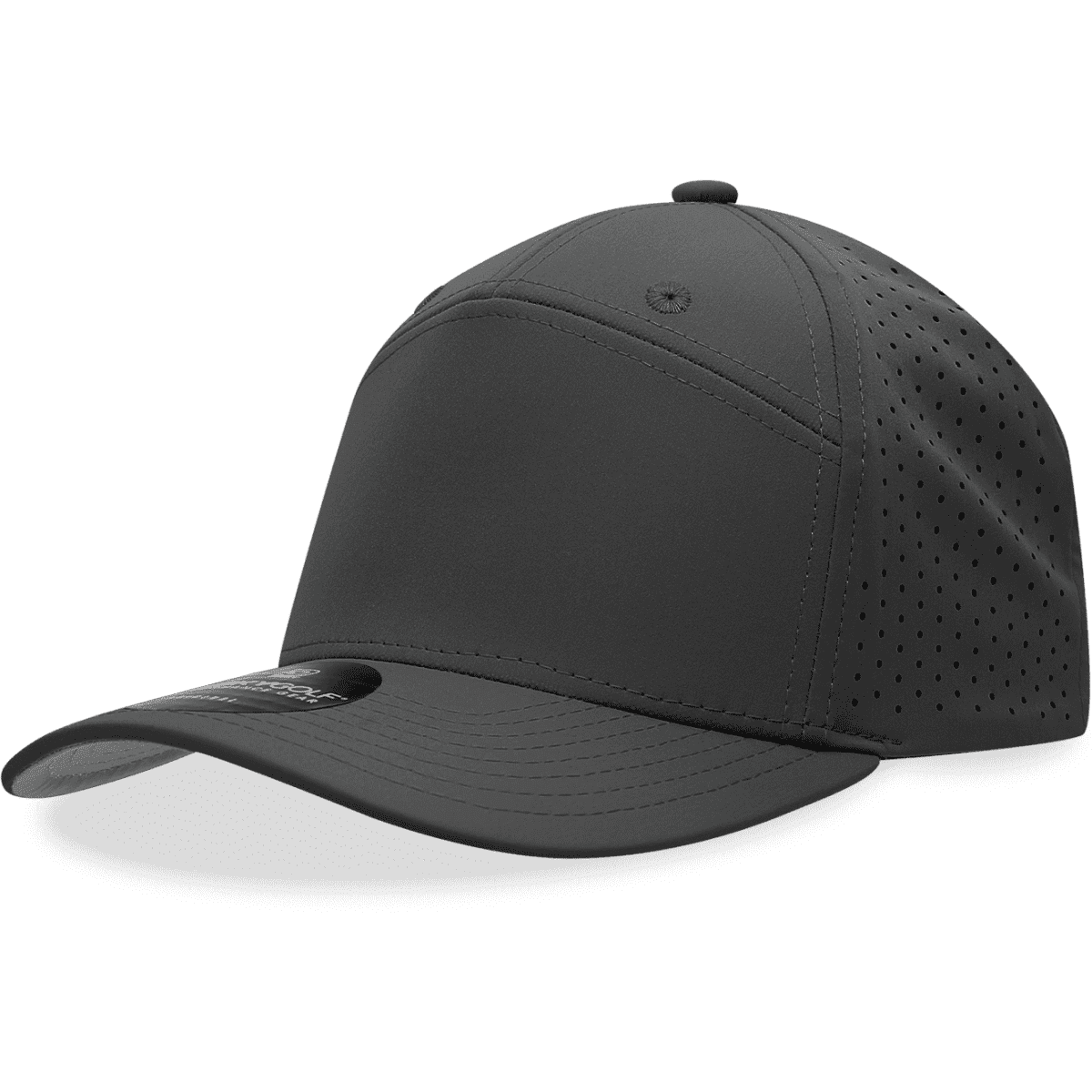 A black 7 panel perforated cap with a smooth front and ventilated sides. It features a logo on the side.