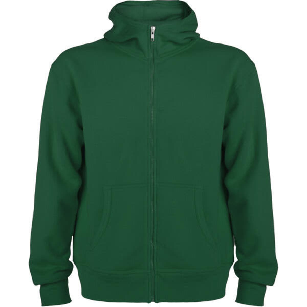 A green hooded sweatshirt with a zip-up front and pockets, featuring a logo on the chest.