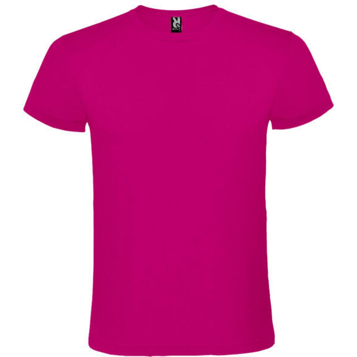 A bright pink T-shirt with a simple design and a logo at the neckline.