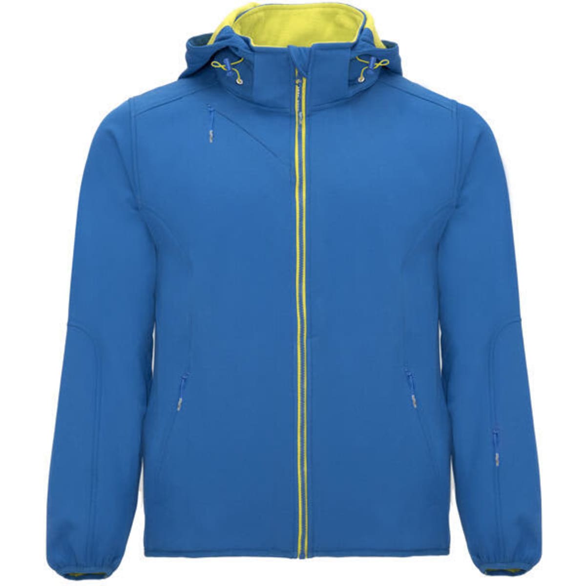A blue unisex softshell jacket with a yellow inner lining and a hood. It features zippered pockets and brand detailing.