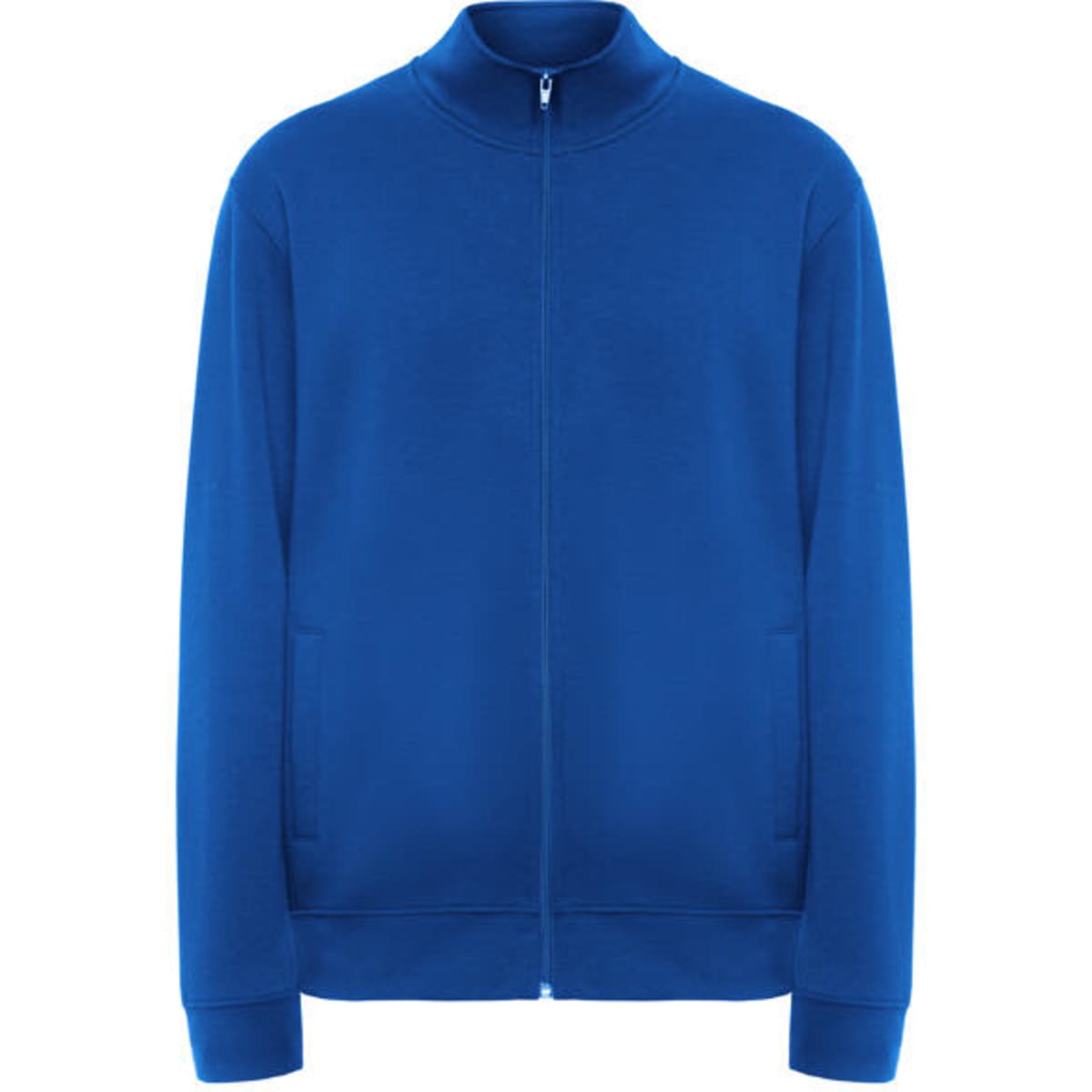 A blue sweatshirt with a zip-up front, high collar, and side pockets, featuring a logo.