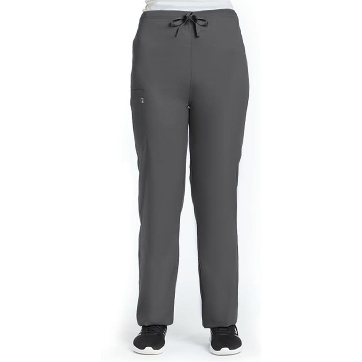 A pair of grey unisex pull-on pants with an adjustable drawstring and side pockets. Features a branding logo.