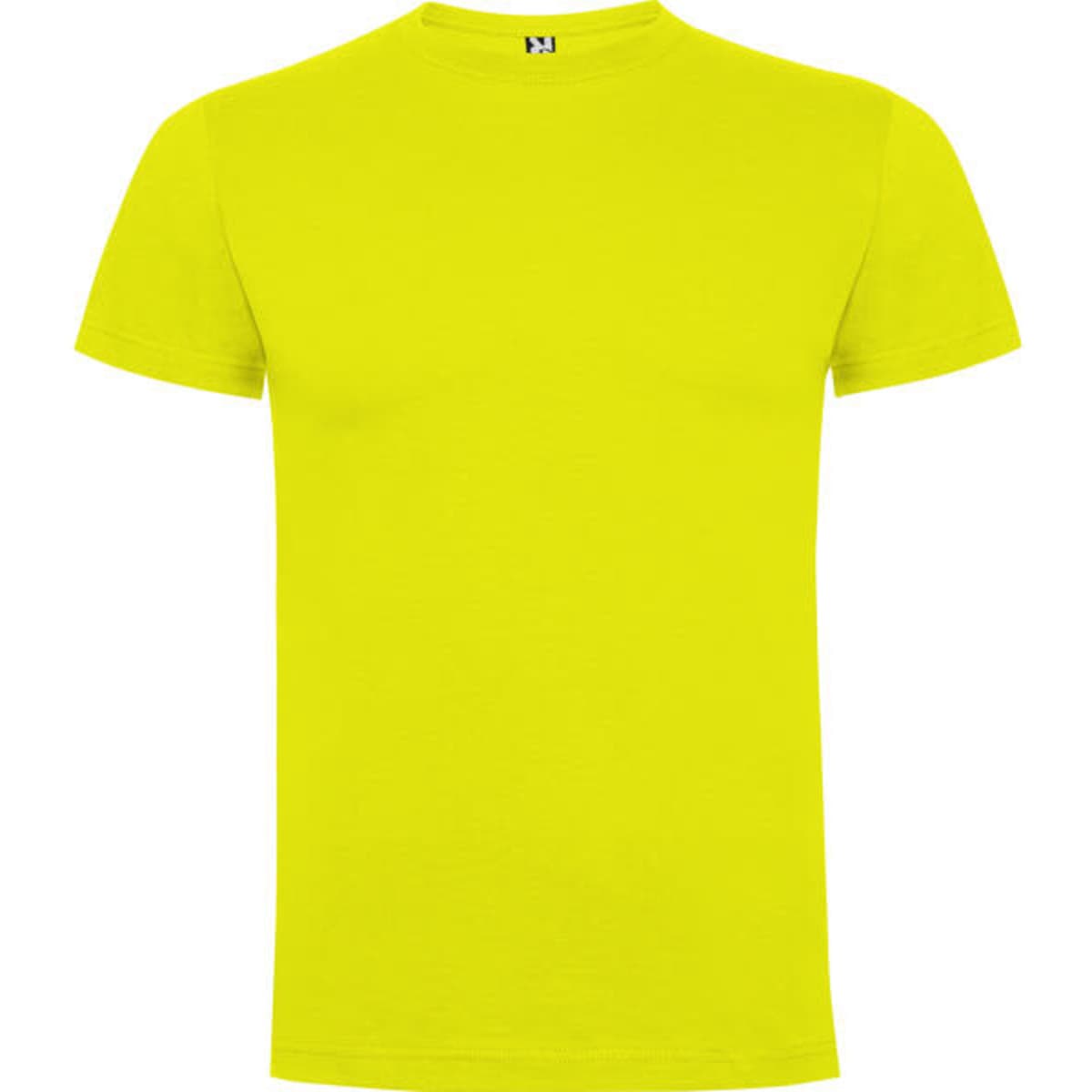 A bright yellow premium t-shirt with a round neck and short sleeves. It features a logo on the collar.