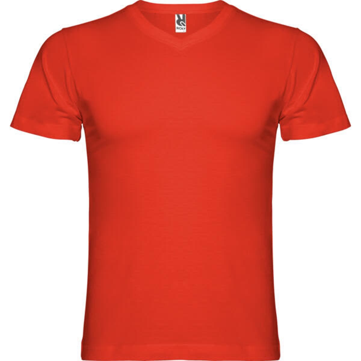 A red T-shirt with a V-neck design, featuring a label at the neckline and no visible branding.