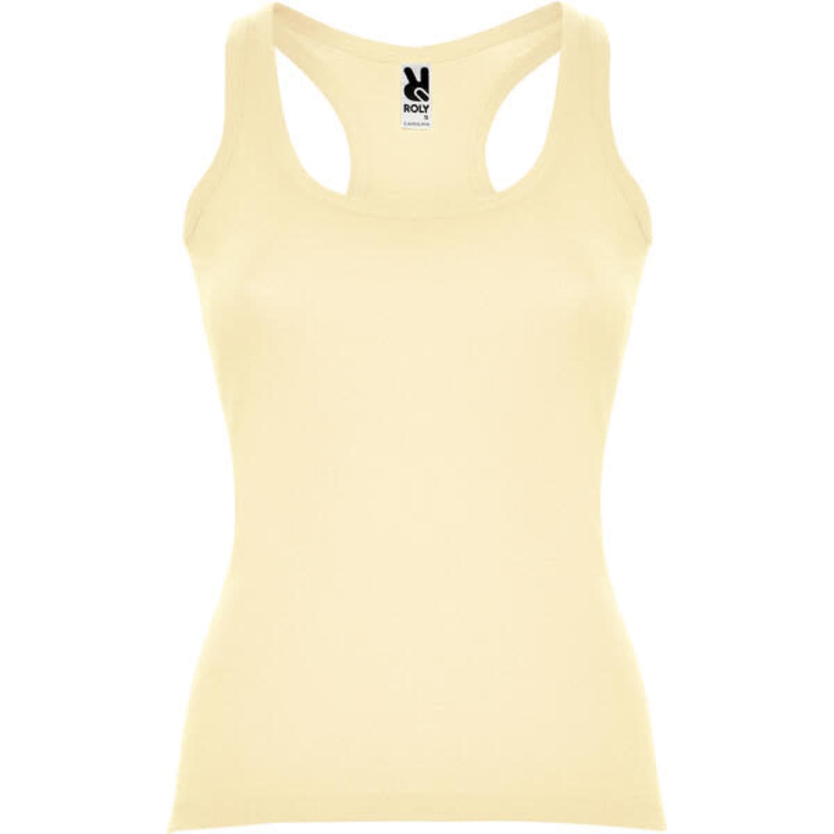 A yellow tank top with a scoop neckline and wide straps, featuring a logo at the top.