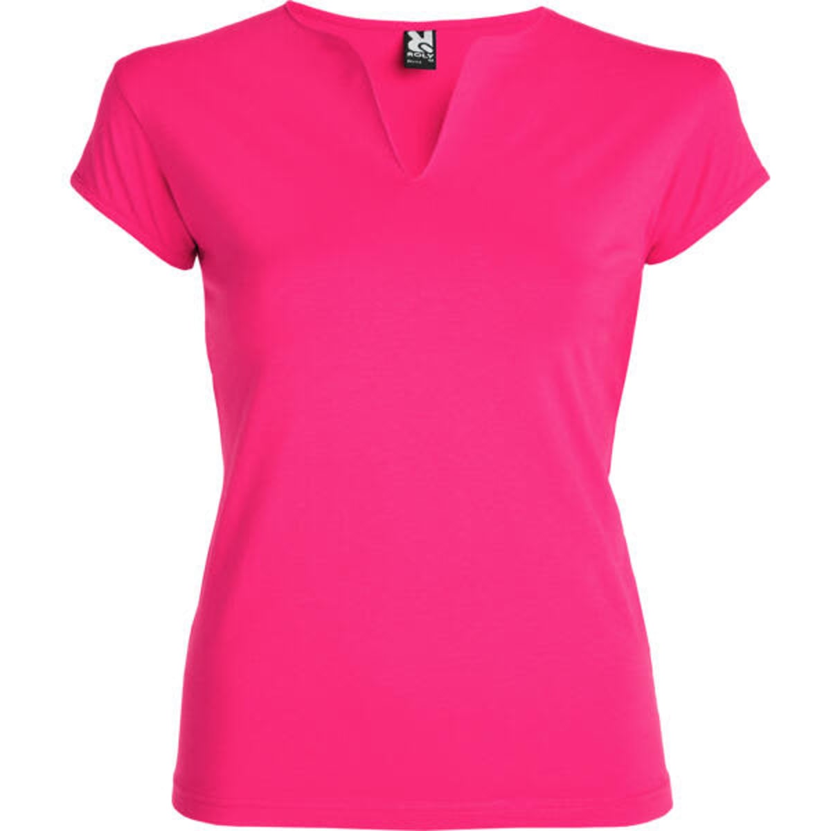 A pink T-shirt with a V-neck design and short sleeves, featuring a small logo.