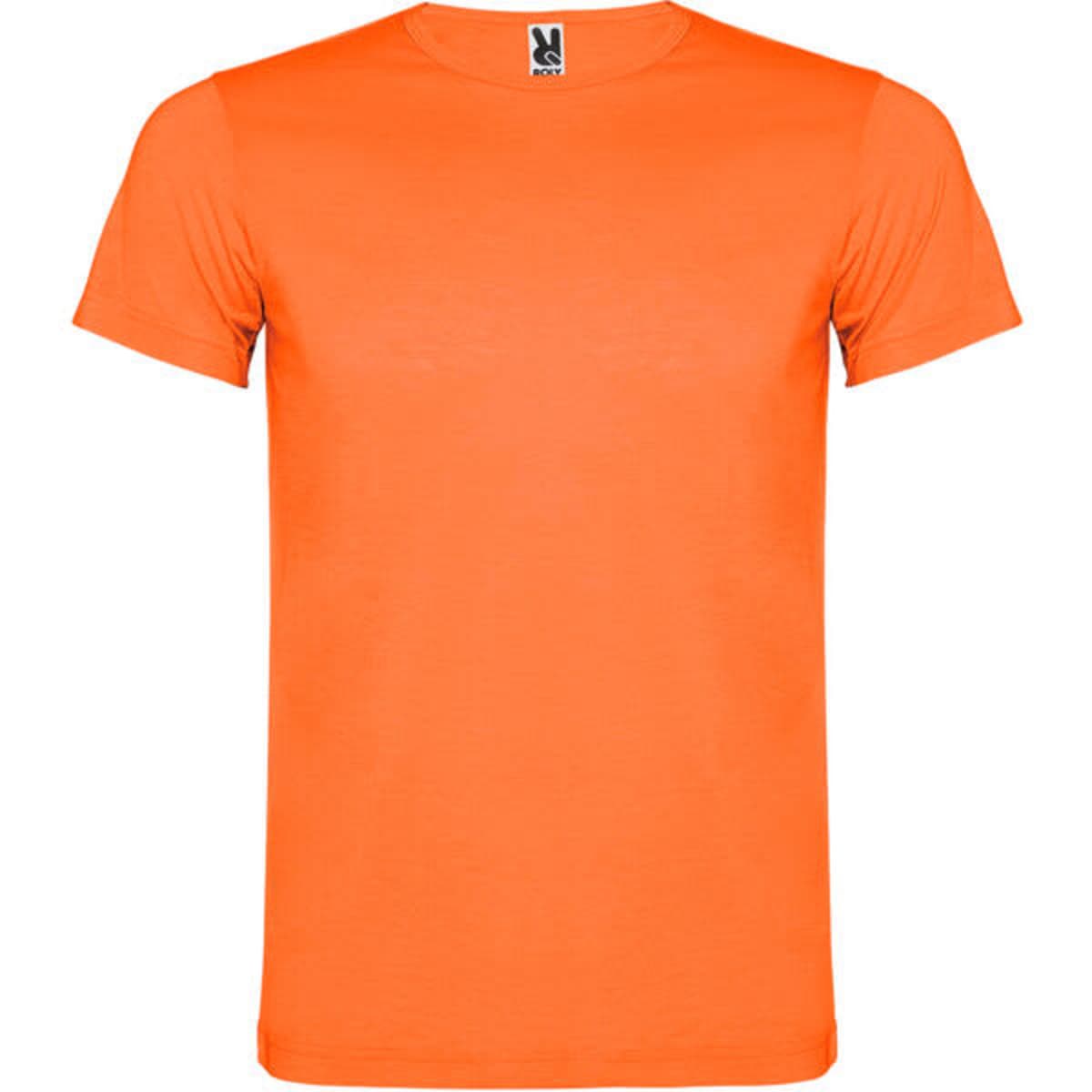 An orange Akita T-Shirt with a round neckline and short sleeves, featuring a logo on the label.