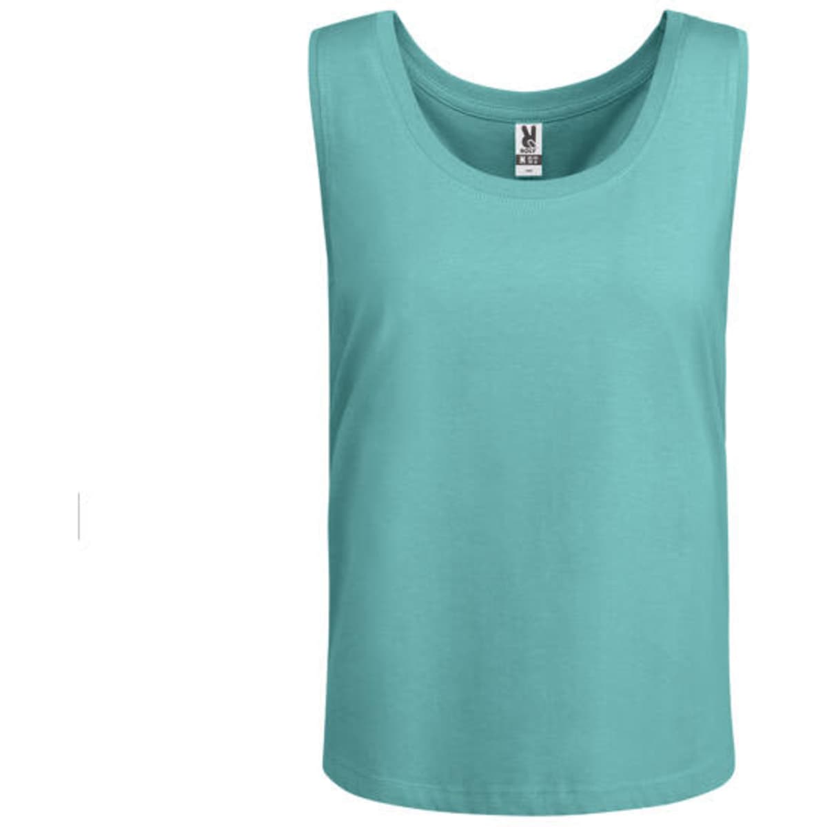 A teal tank top with a rounded neckline and a logo tag inside the collar.