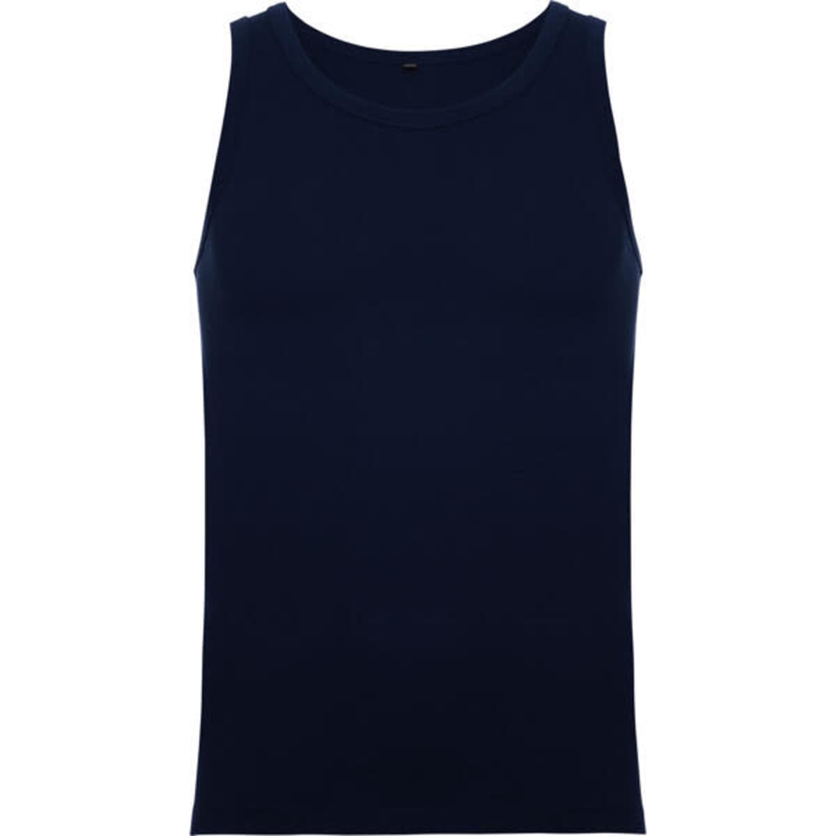 A navy blue singlet tank top with a round neckline and a minimalist design. It features a logo on the back.