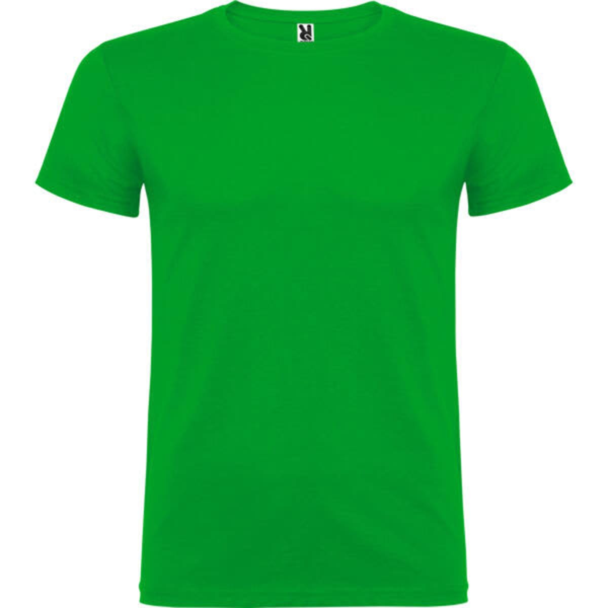 A green T-shirt with a crew neck and short sleeves, featuring a logo on the neckline.