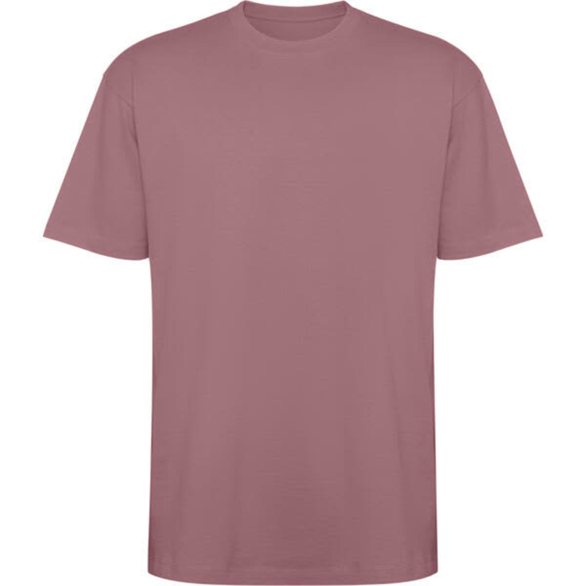 A oversized T-shirt in a muted mauve colour, featuring short sleeves and a simple design. It has a logo on the front.