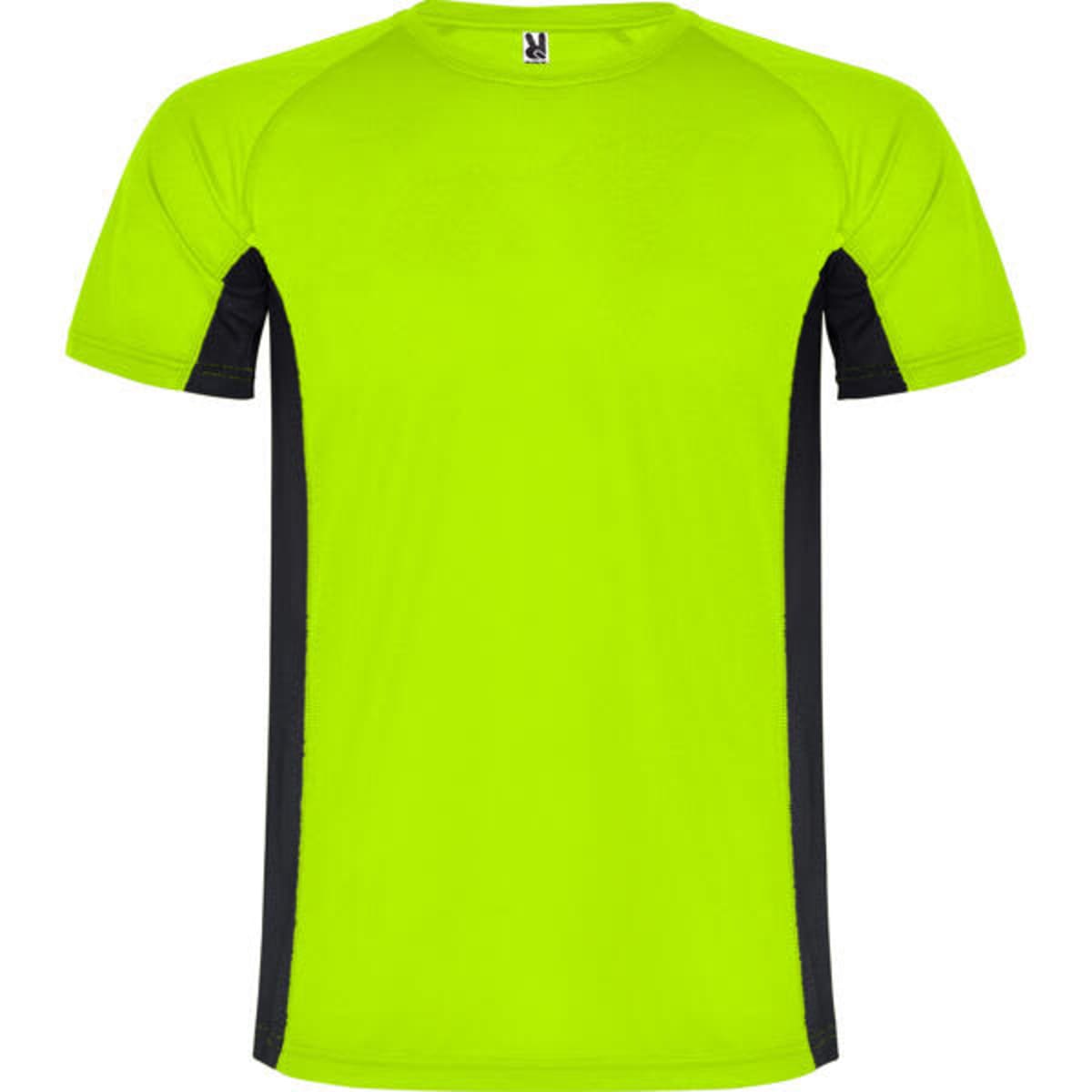 A bright lime green T-shirt with black side panels and a logo on the neckline.