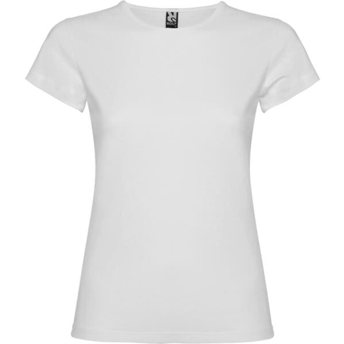 A white T-shirt with a classic crew neck and short sleeves, featuring a small logo at the collar.