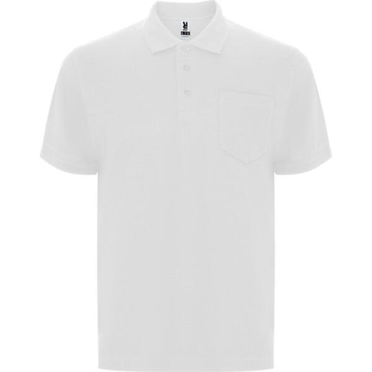 A white polo shirt with a pocket and a logo on the collar. Short sleeves and a classic fit.