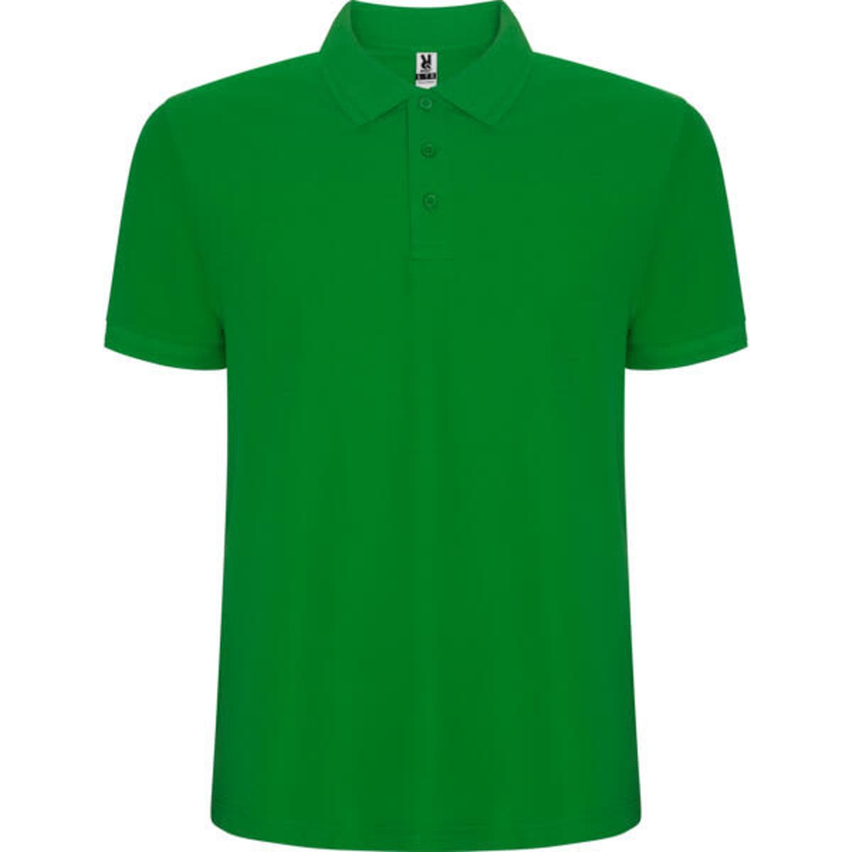 A green polo shirt with a collar and three buttons, featuring a branding logo.
