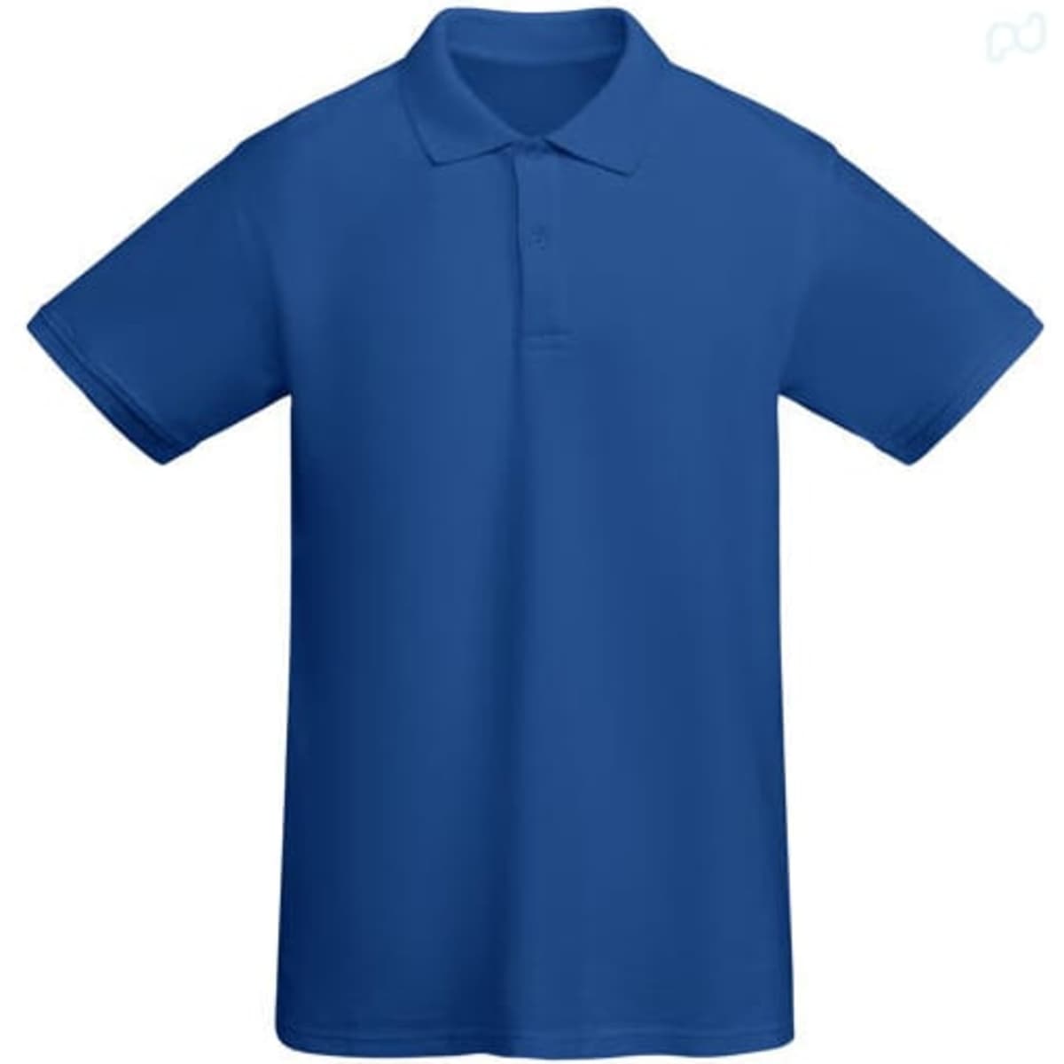 A blue polo shirt with a collar and short sleeves, featuring a logo on one side.