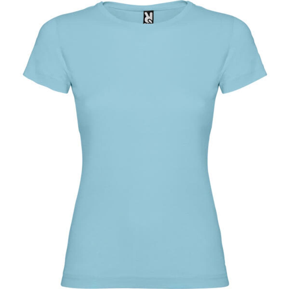 A light blue women's t-shirt featuring a crew neck and short sleeves, with a label on the inside.