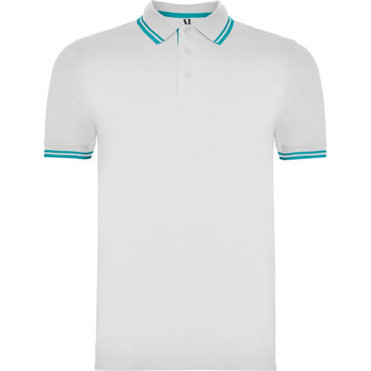 A white polo shirt with turquoise striped details on the collar and sleeves, featuring a logo.